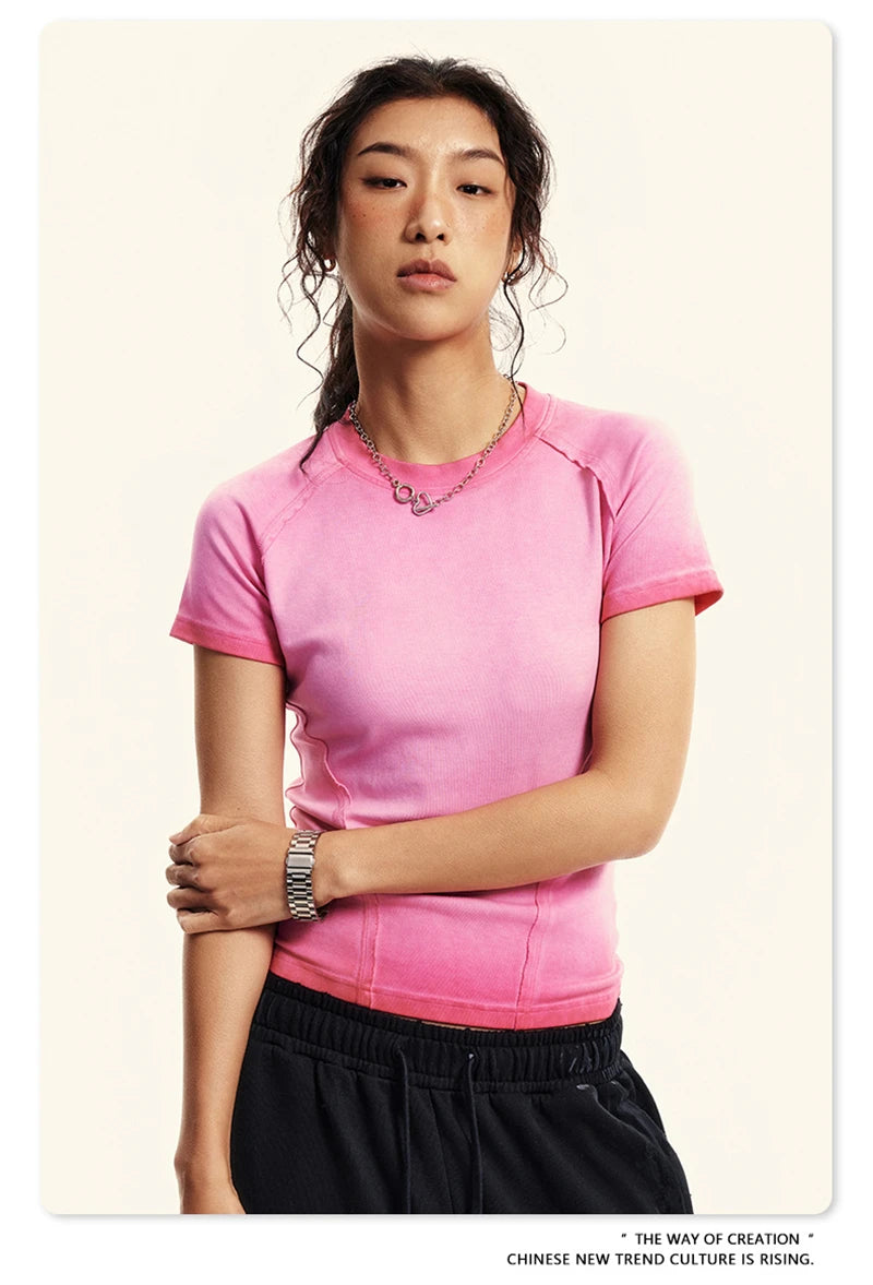 ZODF 2024 Summer Hotweet Washed T Shirt For Women Girls Gradient Raglan Sleeve Comfortable Short Tees Brand Tees HY0826