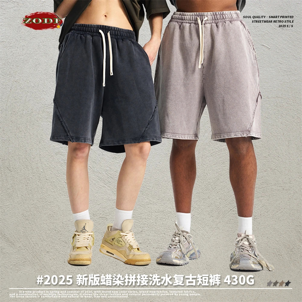 ZODF Retro Men Heavy-Weight Washed 430gsm Shorts Unisex High Street Patchwork Summer Distressed Cotton Shorts HY1035