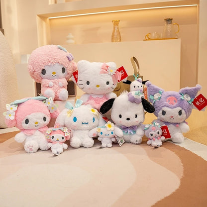 Sanrio Plush Doll Flower Series Cute Cinnamoroll Melody Plush Pendant Kawaii Hello Kitty Kuromi Plush Stuffed Doll Kid Xmas Gift