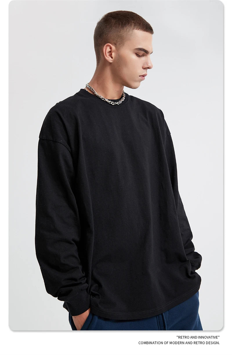 ZODF Retro Autumn Full Sleeve Washed 100% Cotton T-Shirts For Men Unisex Solid Casual Loose 310gsm Tee Brand Tops HY0405