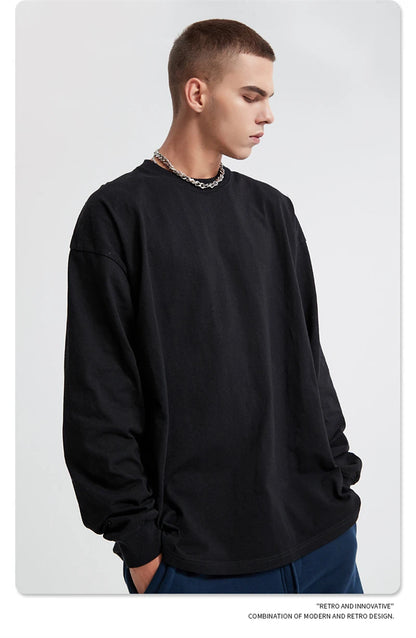 ZODF Retro Autumn Full Sleeve Washed 100% Cotton T-Shirts For Men Unisex Solid Casual Loose 310gsm Tee Brand Tops HY0405