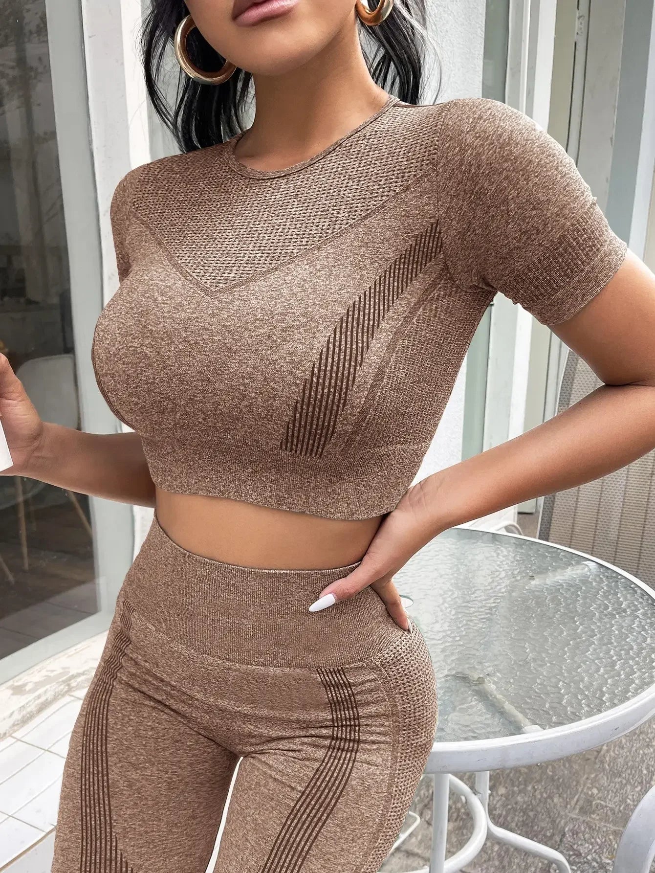 2-Piece Set,Short-Sleeved Top And High-Waisted Tummy Control Long Pants Sportswear,Suitable For Outdoor Sport,Women's Sportswear