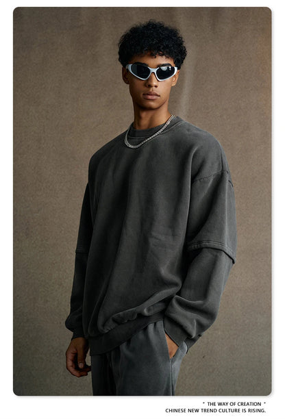 ZODF Trendy 2025 Winter Man 360gsm Washed Fleece Hoodies Unisex Patchwork Loose Fake 2 Pieces Knitted O Neck Sweatshirts HY1089