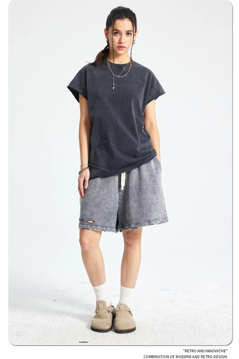 ZODF Trendy Summer Men Batik Washed 275gsm Cotton Tank Tops Unisex Oversized Loose Edge Sleeveless Vests Brand Tees HY1036