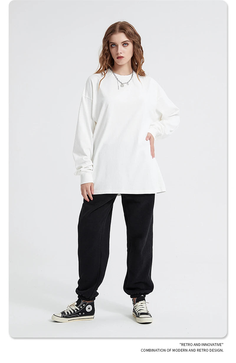 ZODF Retro Autumn Full Sleeve Washed 100% Cotton T-Shirts For Men Unisex Solid Casual Loose 310gsm Tee Brand Tops HY0405