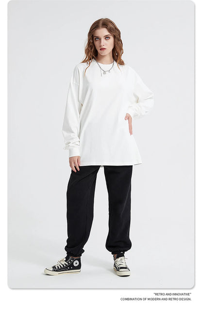 ZODF Retro Autumn Full Sleeve Washed 100% Cotton T-Shirts For Men Unisex Solid Casual Loose 310gsm Tee Brand Tops HY0405