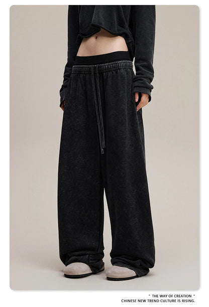 ZODF Retro Women Washed 370gsm Straight Pants Vintage Girls Female Loose Double Waist Wide Leg Cotton Trousers HY1150