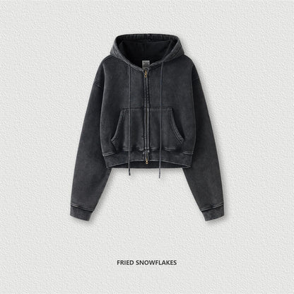 ZODF Retro 2025 Winter Women Short Zipper Hoodies Female Girls Loose 355gsm Thick Fleece Hooded Zip-up Coat Streetwears HY0448