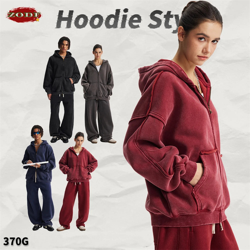 ZODF Vintage Man's Batik Washed Fleece Zipper Hoodie Unisex Winter Warm Distressed Hooded Coat Pullovers Brand Clothing HY1146