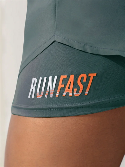 Women’s High Rise Elastic Waist Yoga and Running Shorts Fake Two-Piece Design