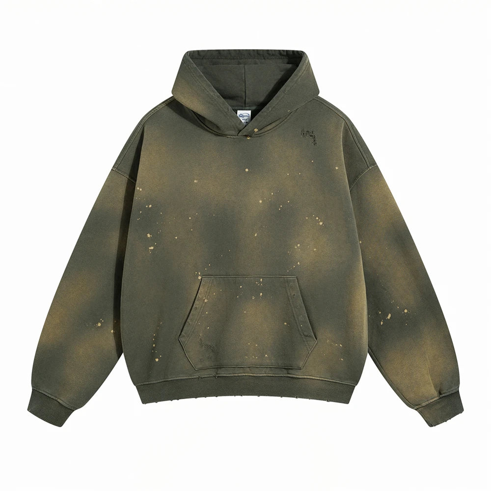 ZODF Autumn Winter Spray Dyeing Ink Splashing Hoodies For Men Unisex 450gsm Washed Oversized Knitted Hooded Pullovers HY0908