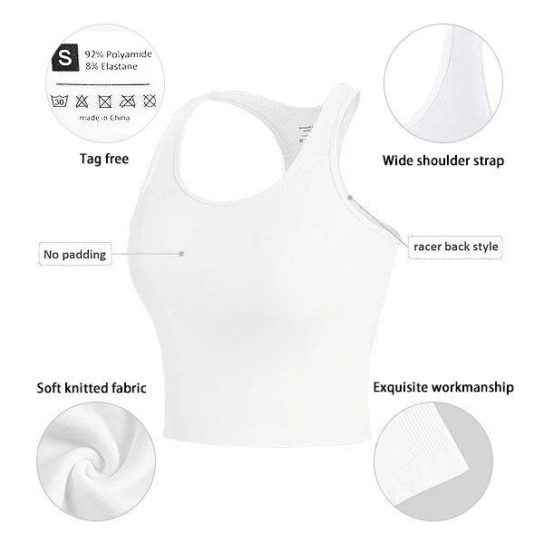 3 Piece Women’s Yoga Vest Set Seamless Racerback Crop Tops Rib Knit Breathable Workout Tank Top