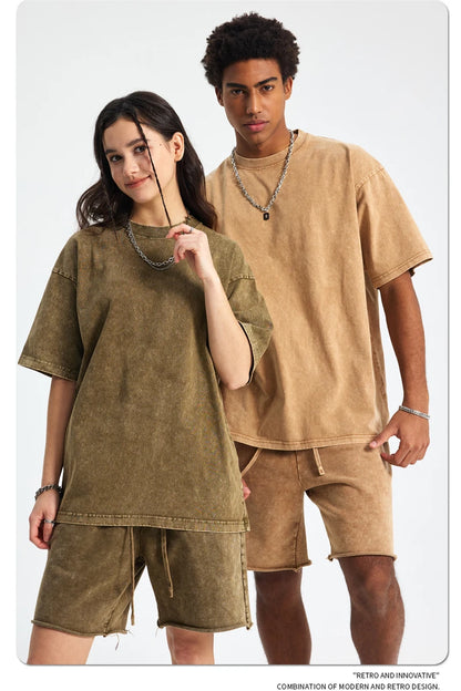 ZODF 2025 High Street Summer Washed Cotton Unisex Loose Retro Solid T-Shirt HY0113