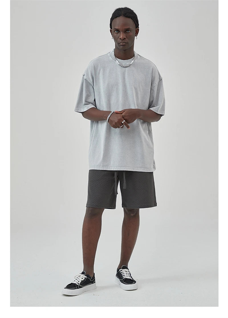 ZODF New Spring Summer Washed Cotton Solid T Shirts For Men Unisex High Street Loose Edge Oversized Noshrink T-Shirt Tee HY0465