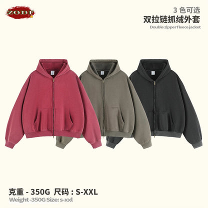 ZODF Retro Winter 350gsm Washed Zipper Fleece Hoodies For Men Unisex Loose Fit Boxy Style Thick Warm Hooded Coat Outfits HY0042