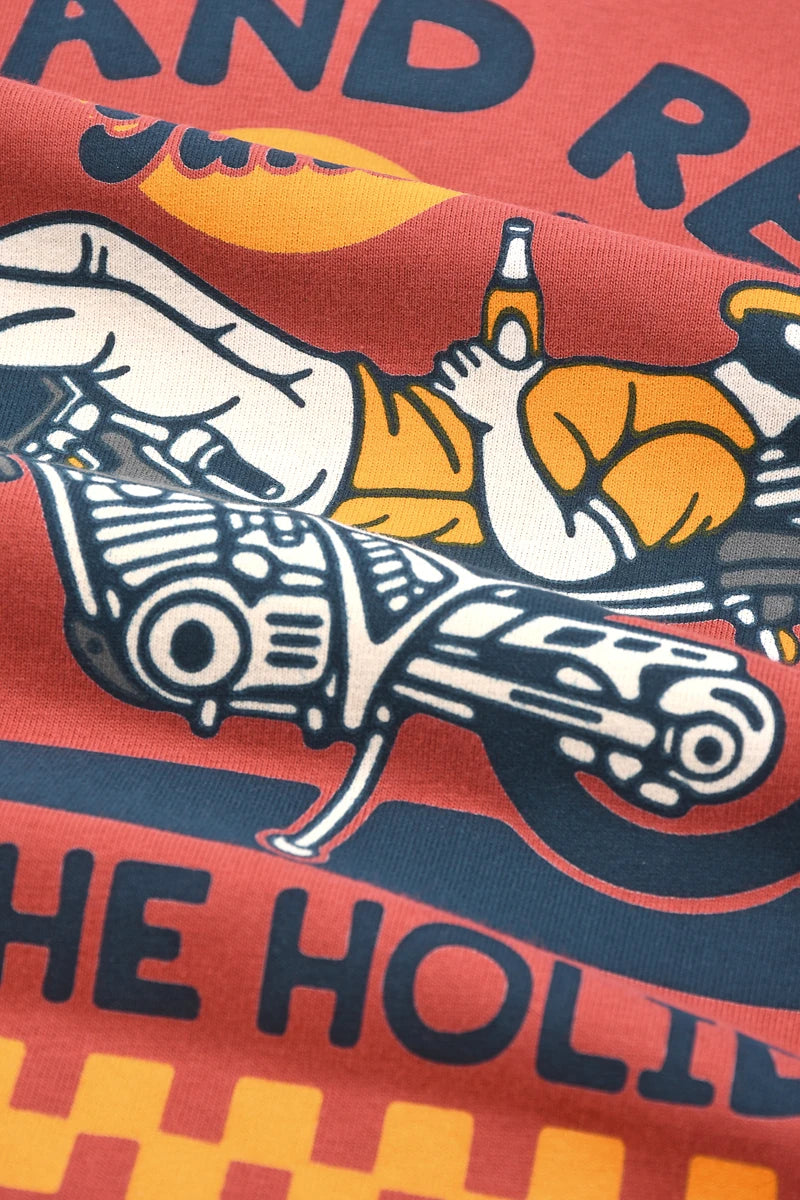 Summer New American Retro Short-sleeved O-neck Motorcycle Printed T-shirt Men's Fashion 100% Cotton Washed Casual Sport Tops