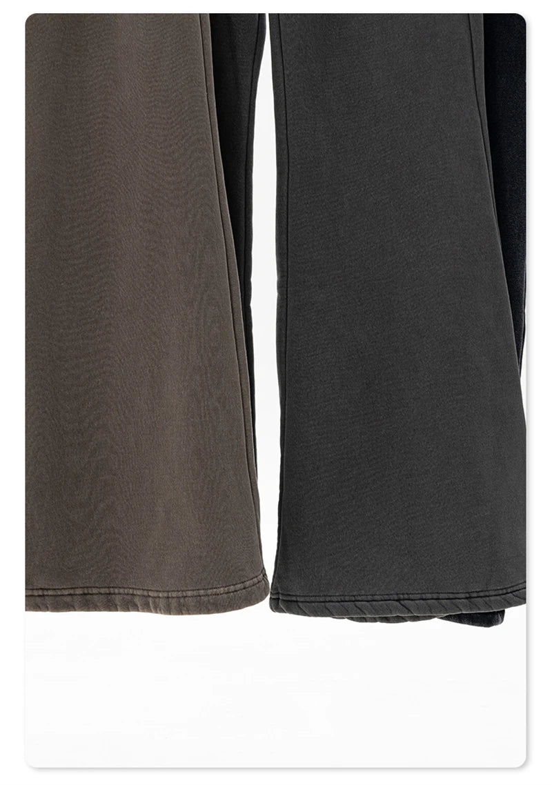 ZODF Retro Winter Women 400gsm Fleece Flared Pants Casual Girls Female Slim Fit Warm Washed Distressed Trousers HY1142