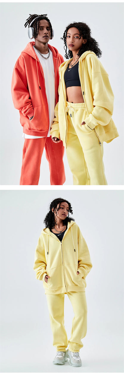 ZODF Basic Winter Men Fleece Zipper Hoodies Unisex Casual Loose 350gsm Warm Solid Hooded Sweatshirts Coats 18 Colors HY0726