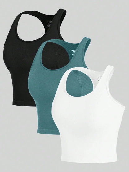 3 Piece Women’s Yoga Vest Set Seamless Racerback Crop Tops Rib Knit Breathable Workout Tank Top - Image color1 / S