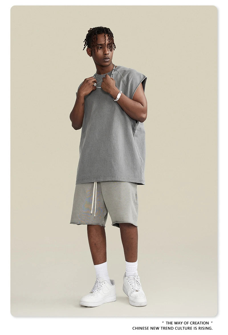 ZODF American Retro Men Washed Solid Tank Tops Women Unisex Loose Edge 275gsm Cotton Sleeveless Tees Brand Streetwears HY0503