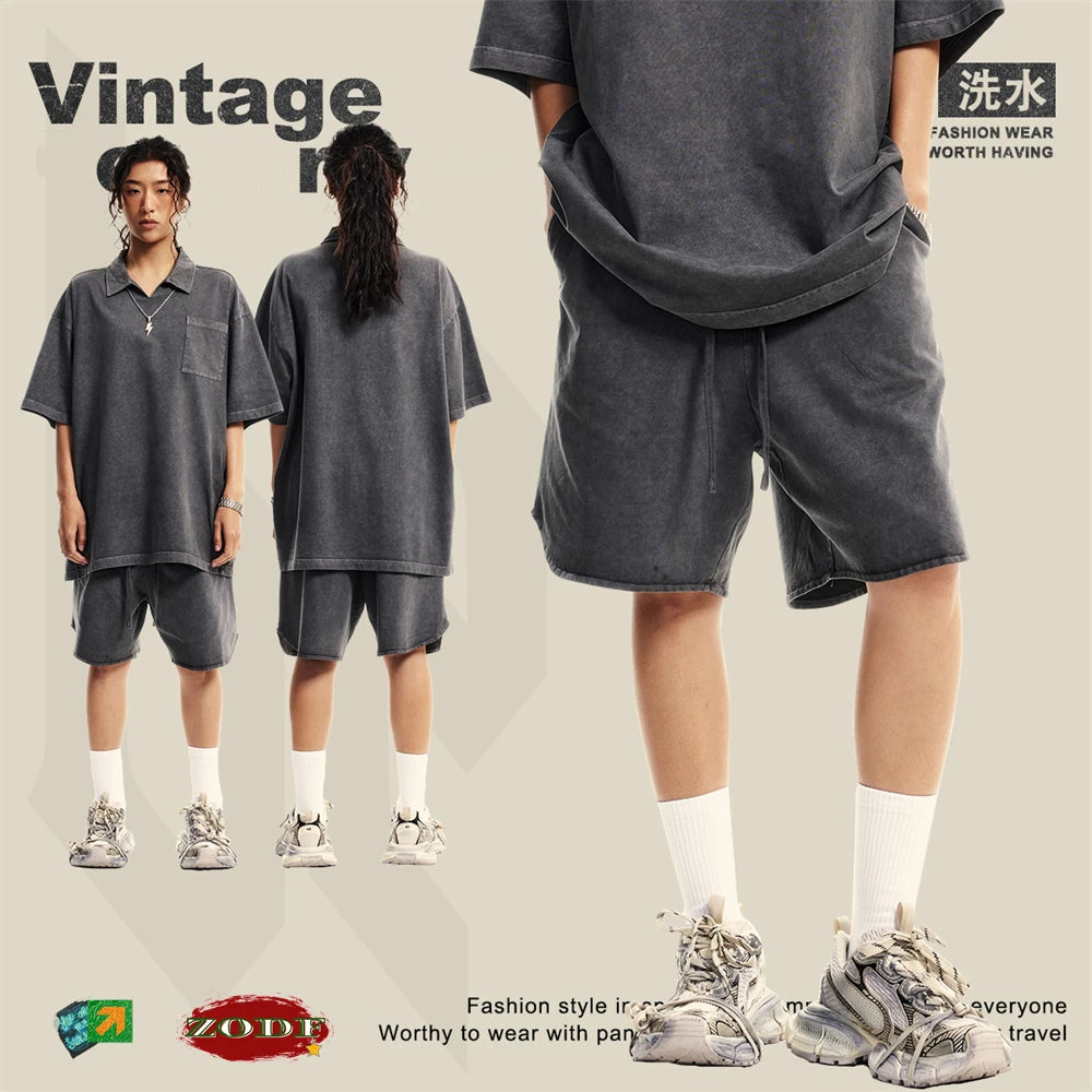 ZODF New 2024 Men Washed Plush Cotton Shorts Unisex Couple Loose 358gsm Distressed Comfortable Short Pants Streetwears HY0807