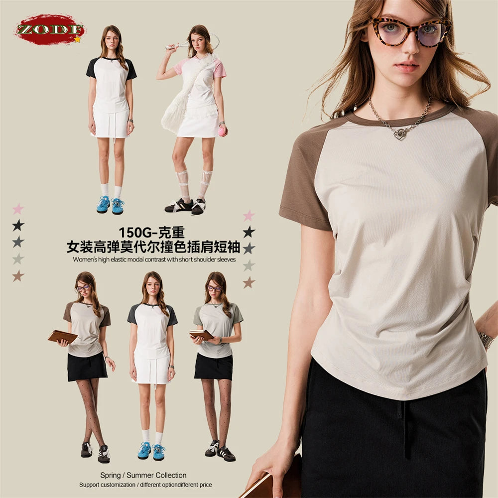 ZODF Hotsweet Summer Women Raglan Sleeve T-Shirts Girls Slim Fit 150gsm Casual Patchwork O Neck T Shirt Brand Tees HY1021