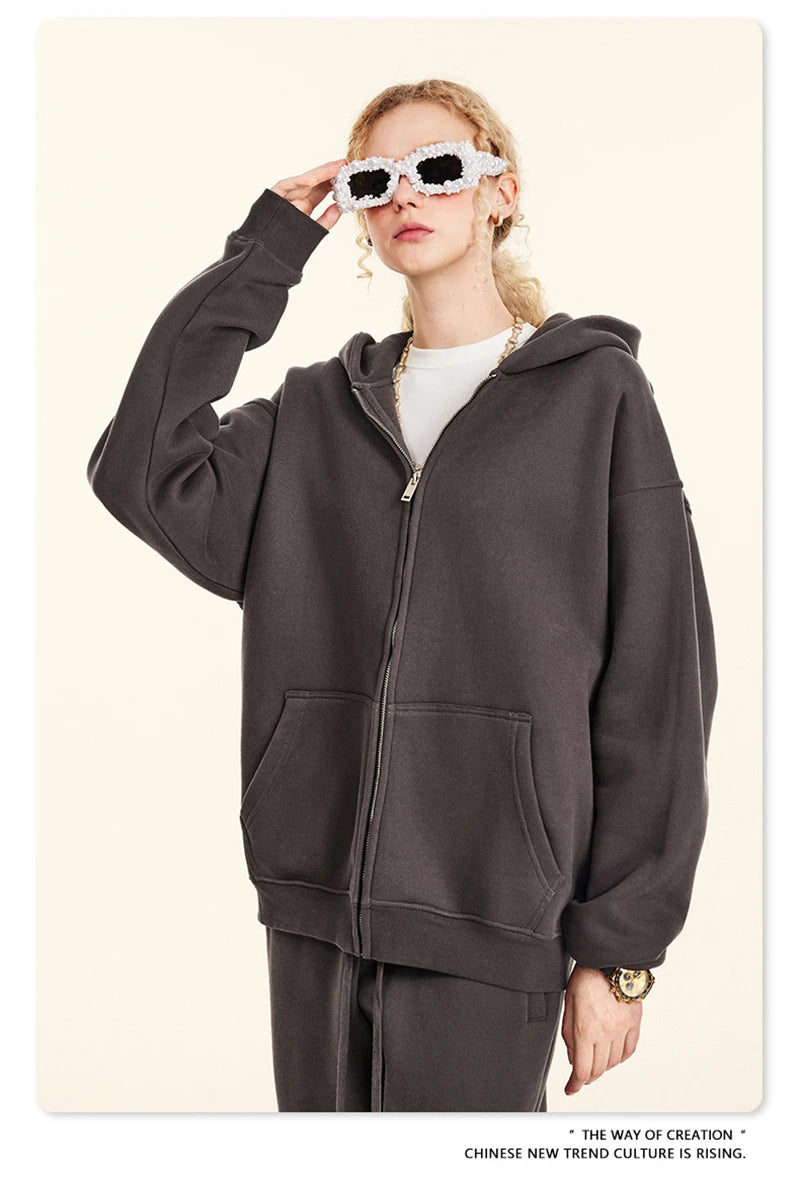 ZODF Fashion Winter Men Warm Zipper Fleece Hoodies Unisex Loose Basic 345gsm Knitted Hooded Hoodie Coats HY0904