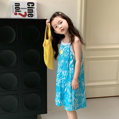 Girl Night Dress Children's Pajamas Sleepwear Teen Girls Nightgown 2 to 12 13 14 Years Blue Floral Summer Sleeveless Cartoon Pjs