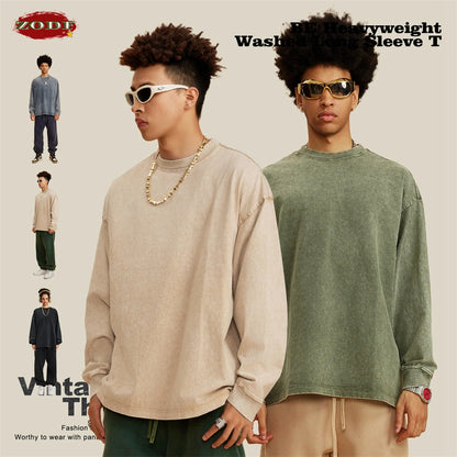 ZODF Retro 2025 Men Autumn Batik Washed T Shirt Unisex Oversized Basic Long Sleeve Solid 270gsm Cotton T-Shirts Tees HY0641