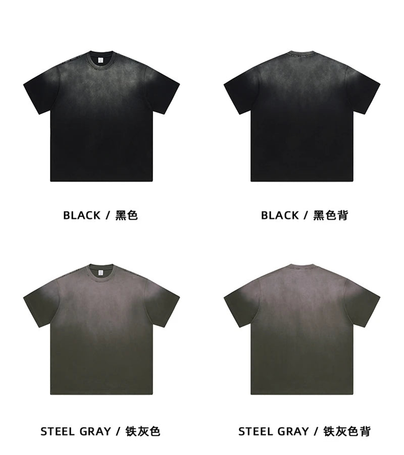 ZODF New Men's Summer Washed Gradient Cotton T-Shirts Unisex Women Retro Distressed 310gsm Ripped T Shirt Brand Tops HY0859