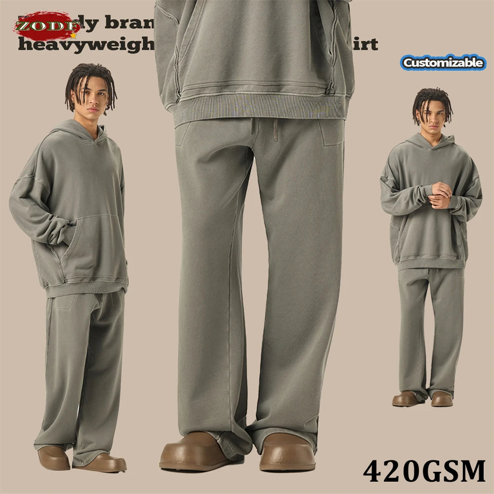 ZODF Retro High Street 420gsm Cotton Straight Pants For Man Unisex Loose Fit Distressed Sport Trousers Sweatpants HY0051