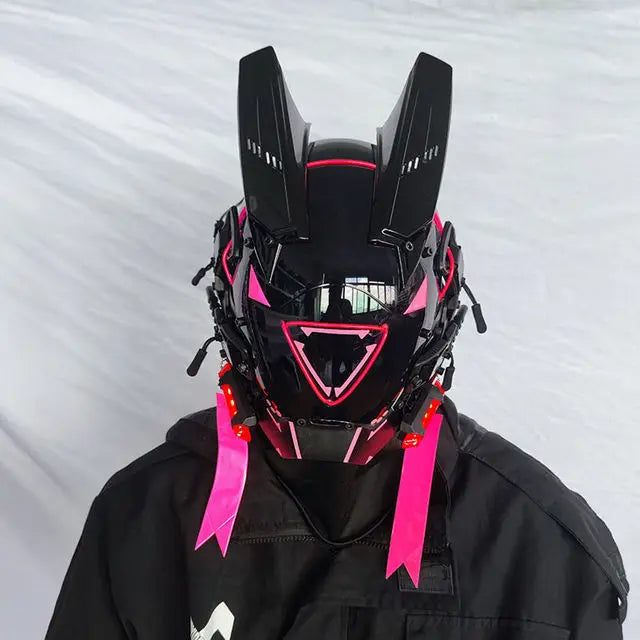 Cyberpunk Helmet Cosplay Mask with LED Light Dreadlocks Braided Wings Shinobi Samurai Style – Birthday & Christmas Gift