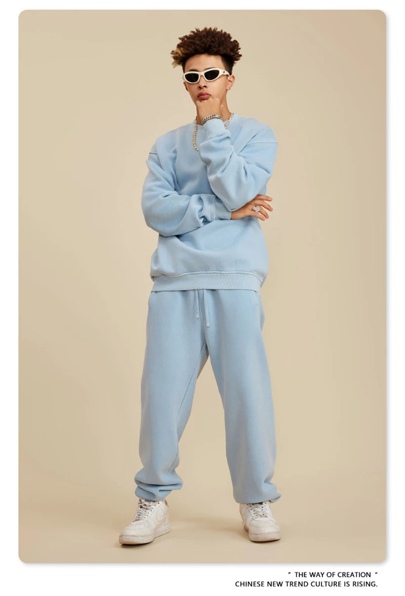 ZODF New Men Winter 355gsm Washed Fleece Sweatshirts Retro Unisex Oversized Solid O-Neck Warm Pullovers Coat Streetwears HY0639