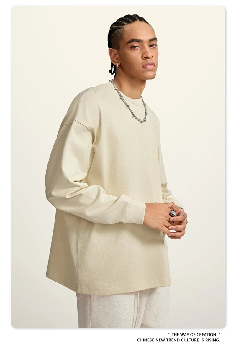 ZODF Autumn Winter 425gsm Long Sleeve T-Shirt American Retro Unisex Loose Heavyweight Basic Cotton T Shirts TEE HY0676