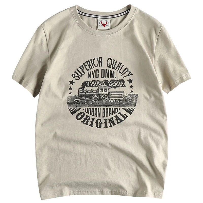 Summer American Retro Short-sleeved O-neck Locomotive Printed T-shirt Men's Fashion Simple 100% Cotton Washed Casual Sport Tops