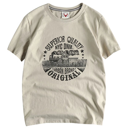 Summer American Retro Short-sleeved O-neck Locomotive Printed T-shirt Men's Fashion Simple 100% Cotton Washed Casual Sport Tops