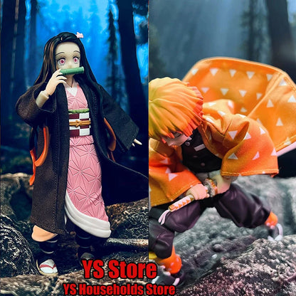1/12 Figma Agatsuma Zenitsu Mini Orange Windbreaker Shf Kamado Nezuko Black Coat Pink Hemline Coat Toys For 6" Demon Slayer Cos