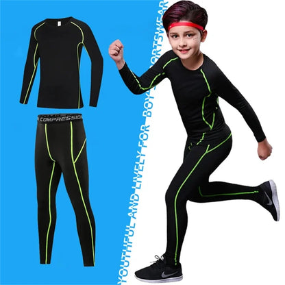 Kids Fitness Tracksuits Youth Warm Compression Pants and Tops Sportswear for Boys Running Basketball - Ivory