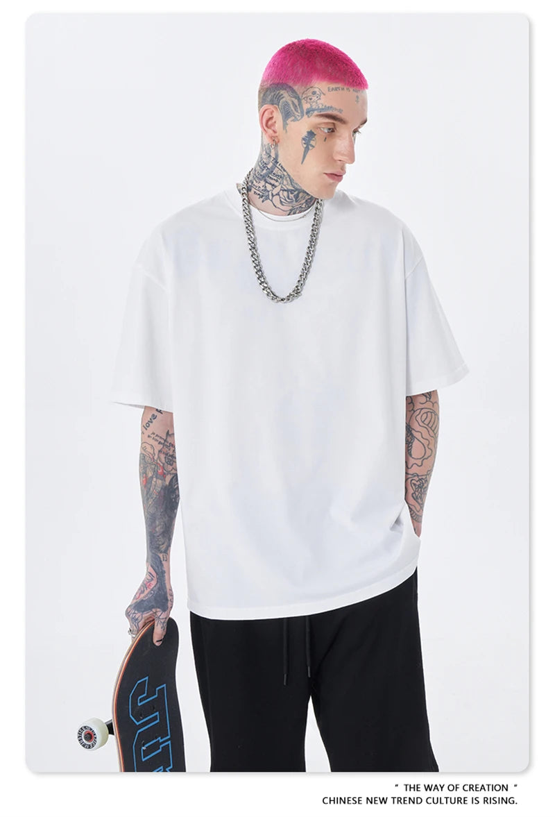 ZODF Trendy Summer 260gsm Cotton Oversized T Shirts For Men Unisex Male Kanye West High Street Solid Tees Brand Tops HY0122