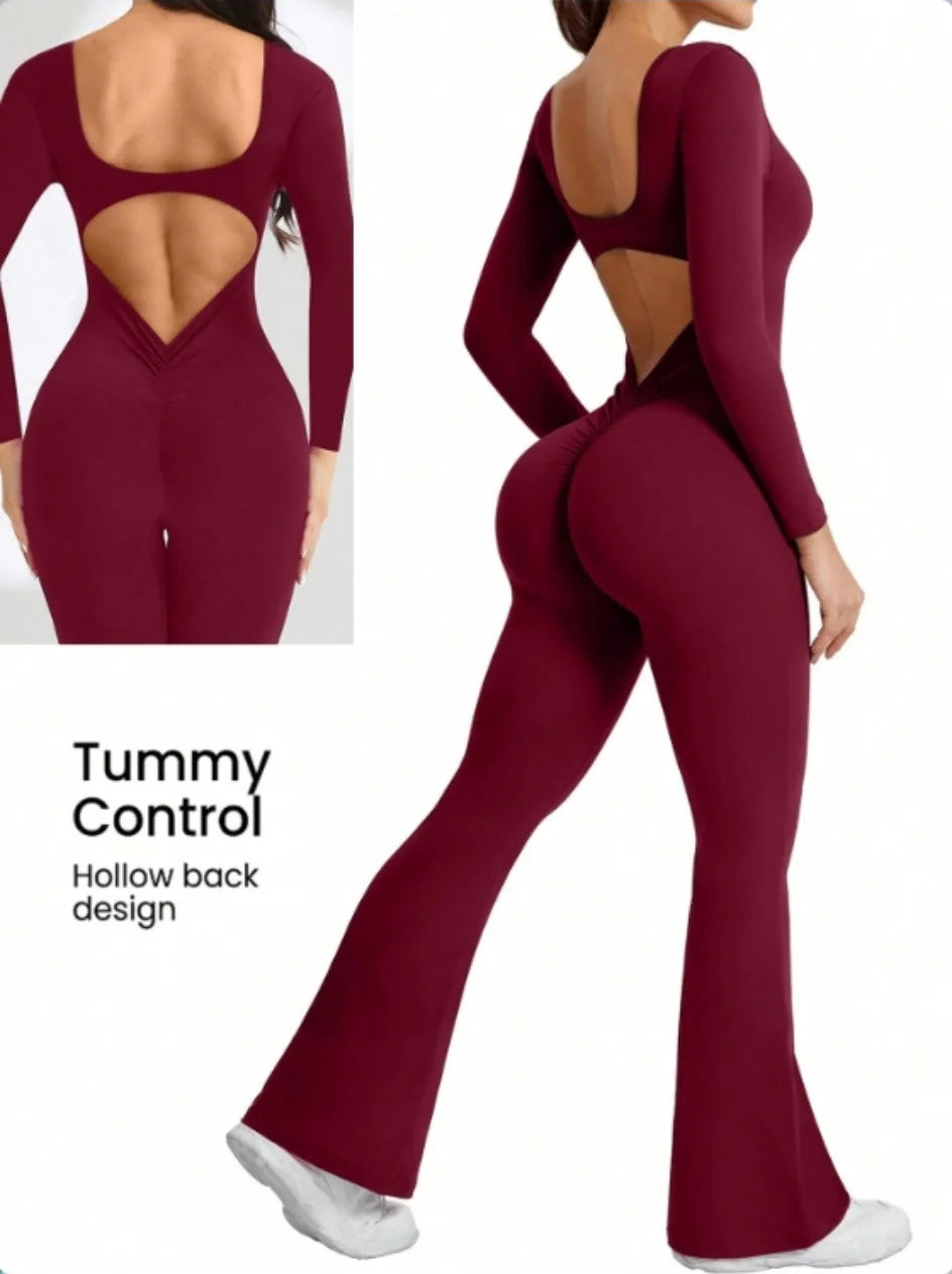 High Quality Solid Color Long Sleeve Compression Jumpsuit with Bell Bottom Pants Women’s Yoga Sportswear Push Up Set