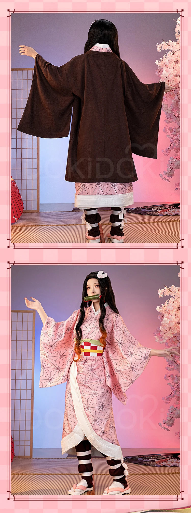 IN STOCK Kamadoo Nezukoo Cosplay Costume Anime DokiDoki-SR Women Pink Kimono Nezukoo Halloween Cosplay Wig Props