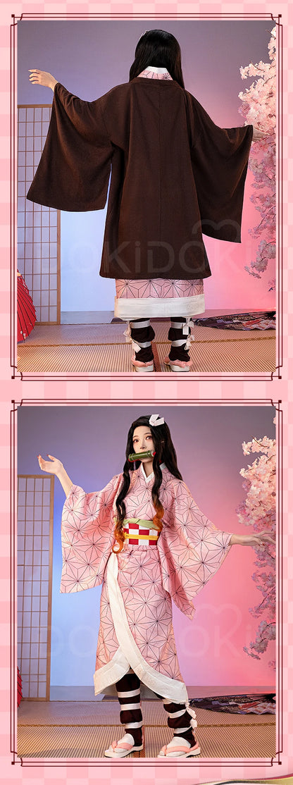 IN STOCK Kamadoo Nezukoo Cosplay Costume Anime DokiDoki-SR Women Pink Kimono Nezukoo Halloween Cosplay Wig Props
