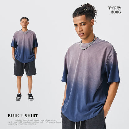 ZODF New Men's Summer Washed Gradient Cotton T-Shirts Unisex Women Retro Distressed 310gsm Ripped T Shirt Brand Tops HY0859