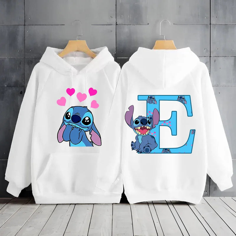 2025 Women's Winter Jacket Cute Kawaii Disney Lilo & Stitch Lucky Letter Print White Hoodie Fashion Couple Streetwear Sportswear
