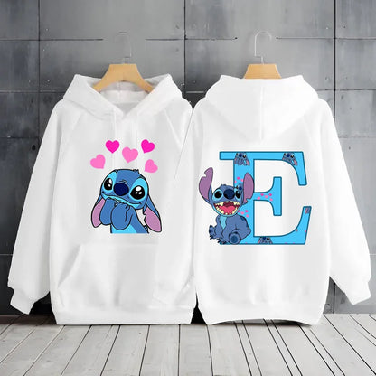 2025 Women's Winter Jacket Cute Kawaii Disney Lilo & Stitch Lucky Letter Print White Hoodie Fashion Couple Streetwear Sportswear