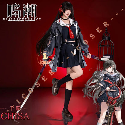 Wuthering Waves Chisa Cosplay Costume Wig Jacket Uniform Headwear Rings Sticker Halloween Party for Women Girls Carnival Props