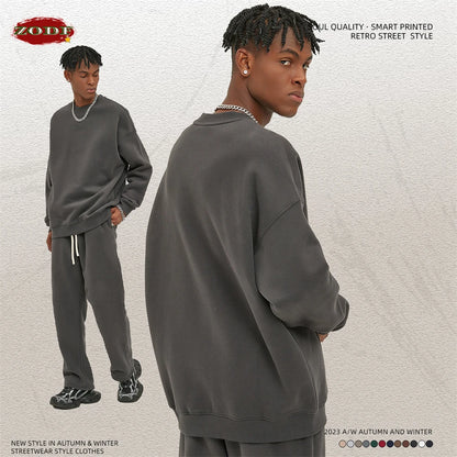 ZODF New 2025 Winter 350gsm Fleece Sweatshirts For Men Unisex Casual Loose Basic Solid O-Neck Thick Warm Pullovers HY0635