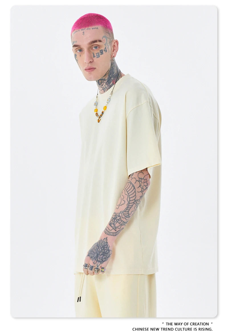 ZODF Trendy Summer 260gsm Cotton Oversized T Shirts For Men Unisex Male Kanye West High Street Solid Tees Brand Tops HY0122