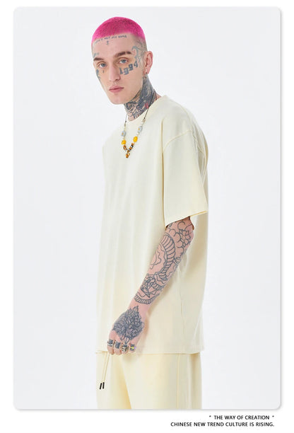 ZODF Trendy Summer 260gsm Cotton Oversized T Shirts For Men Unisex Male Kanye West High Street Solid Tees Brand Tops HY0122