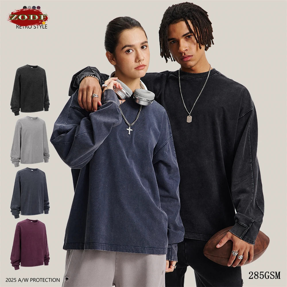 ZODF Retro 285gsm Batik Washed Cotton Man's T-Shirts Unisex Solid Loose Distressed Patchwork Full Sleeve Tee Shirt Tops HY1161